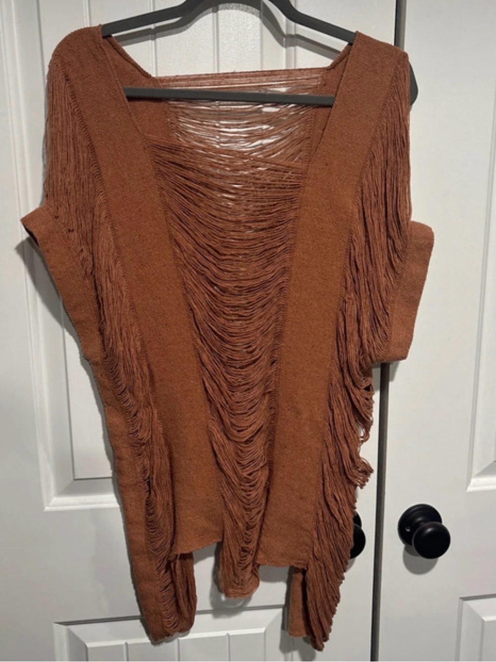 Fringed Open-Front Women's Sweater Cardigan - Rust
